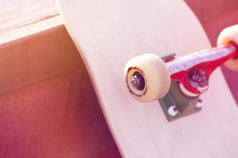 close up of underside skateboard focussing on wheels