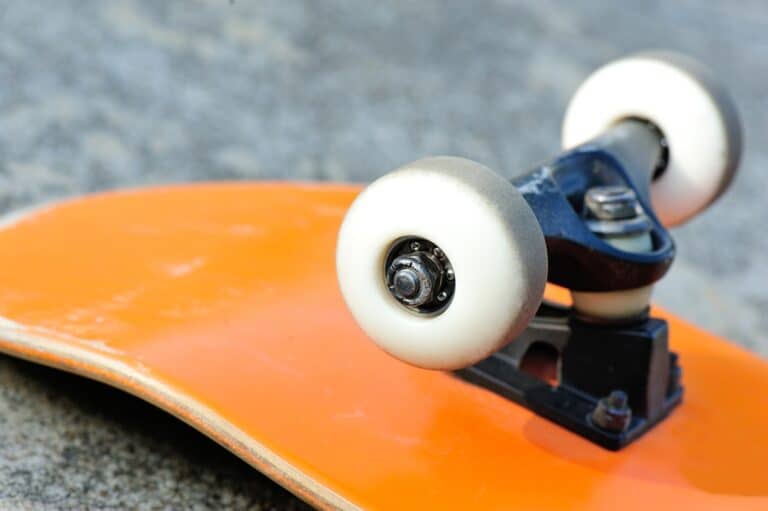 bottom of skateboard focusing on wheels