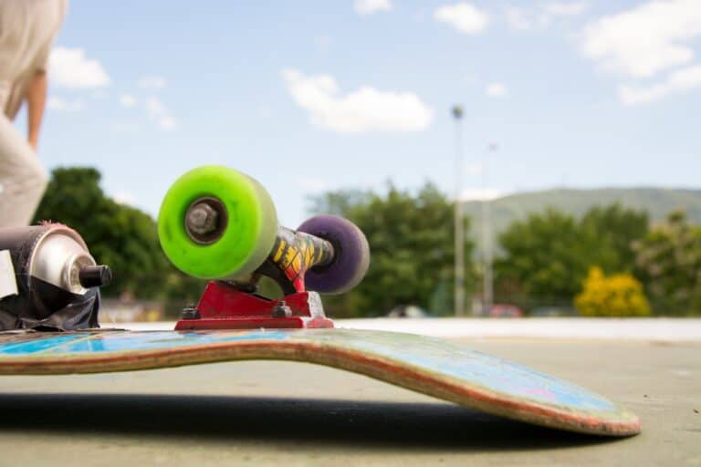 closeup of skateboard wheels on a skateboard